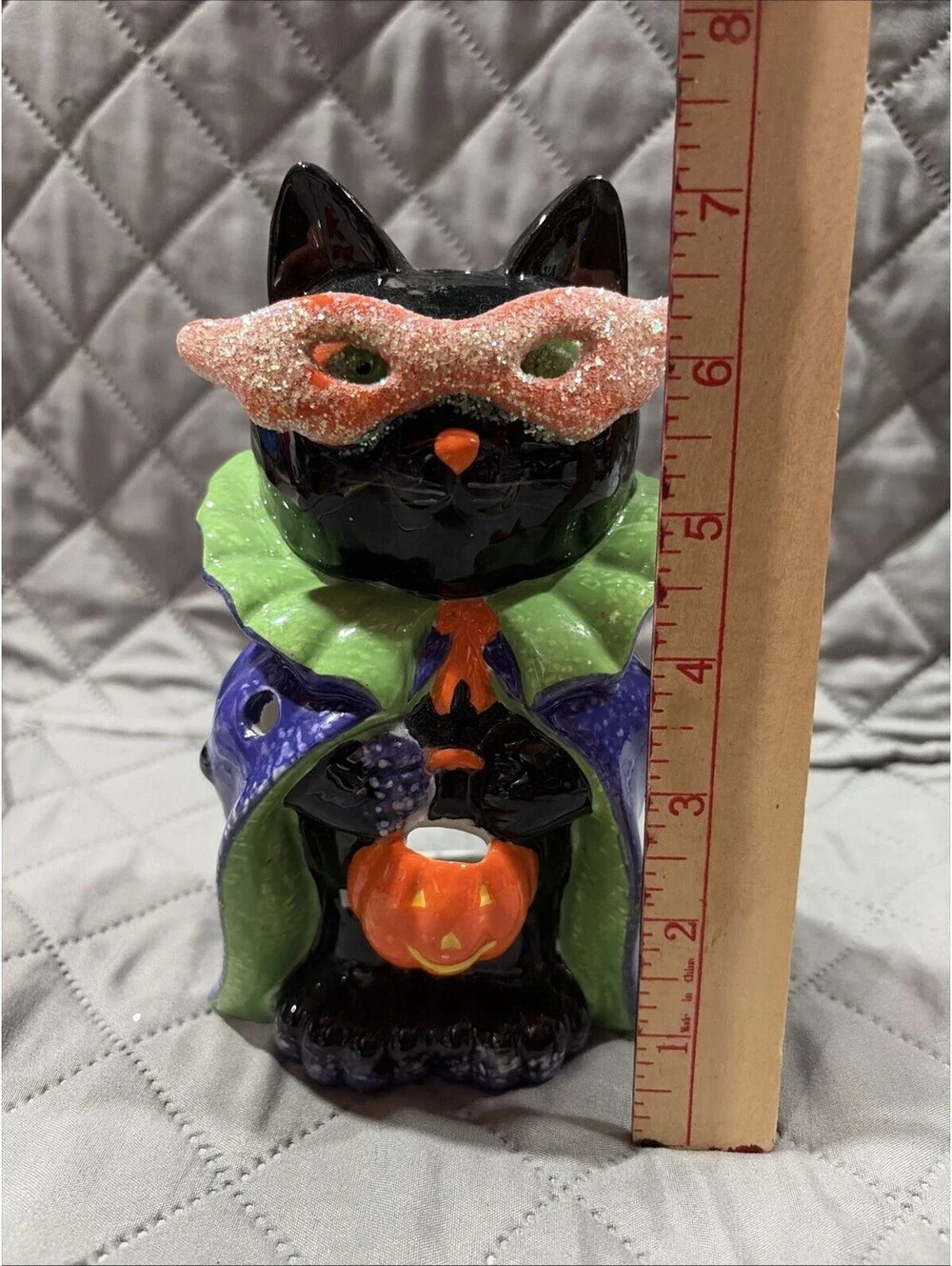 Black Cat Candle Holder with Mask And Pumpkin Halloween Cat